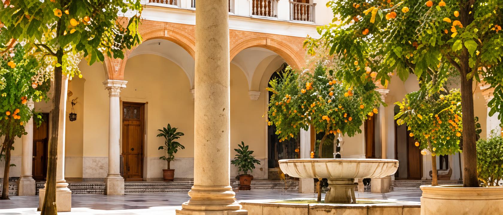 Patio andaluz con arcos, columnas y naranjos